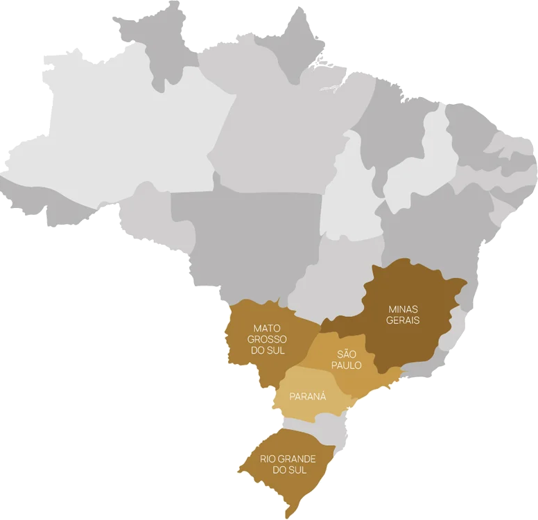 Mapa do Brasil destacando os estados onde a STR Advocacia possui atuação: São Paulo, Minas Gerais, Mato Grosso do Sul, Paraná e Rio Grande do Sul